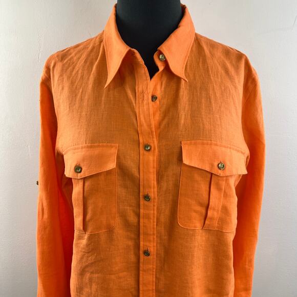 Lauren Ralph Lauren Linen Button Down Top Orange Long Sleeve Pockets Size L - Picture 3 of 12